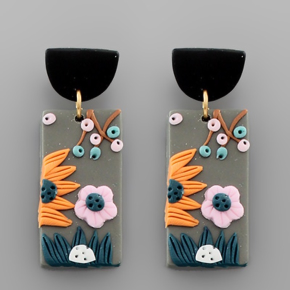 CLAY Rectangle Floral Earrings - Picture 1 of 1